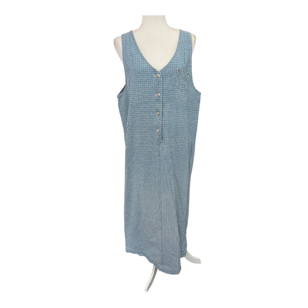 Vintage Gingham Maxi Dress (White & Blue) Large Cotton